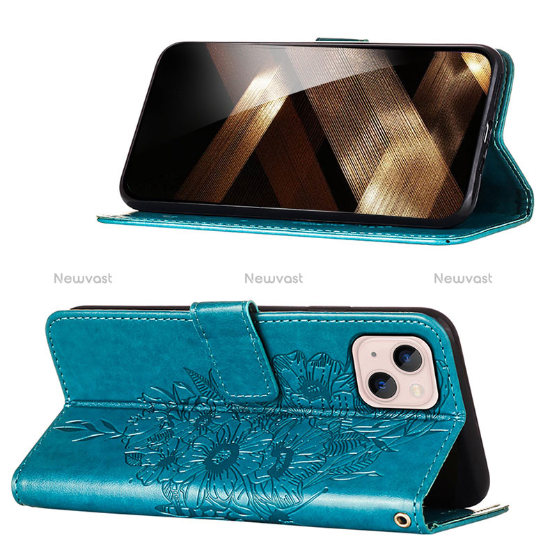 Leather Case Stands Butterfly Flip Cover L10 Holder for Apple iPhone 15 Plus Blue