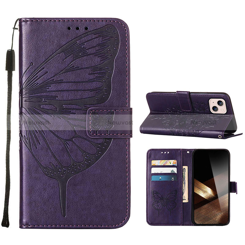 Leather Case Stands Butterfly Flip Cover L10 Holder for Apple iPhone 15 Plus Purple