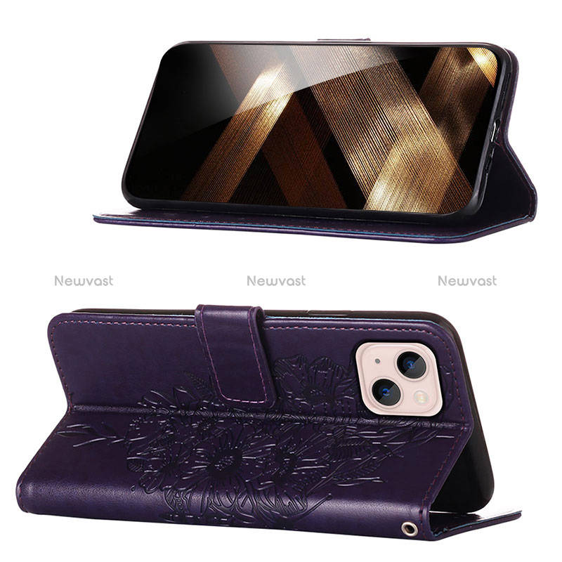 Leather Case Stands Butterfly Flip Cover L10 Holder for Apple iPhone 15 Plus Purple