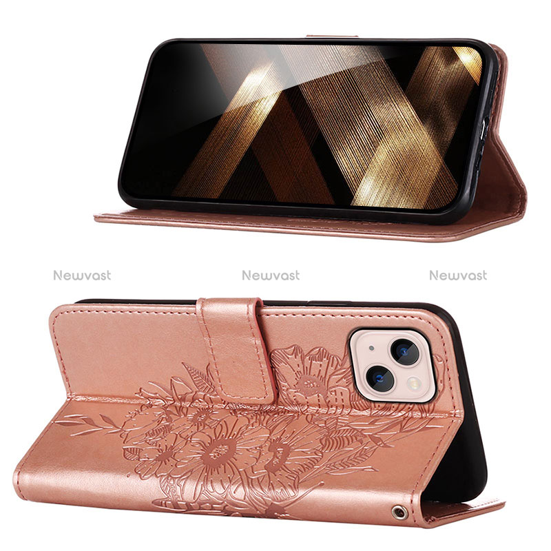 Leather Case Stands Butterfly Flip Cover L10 Holder for Apple iPhone 15 Plus Rose Gold