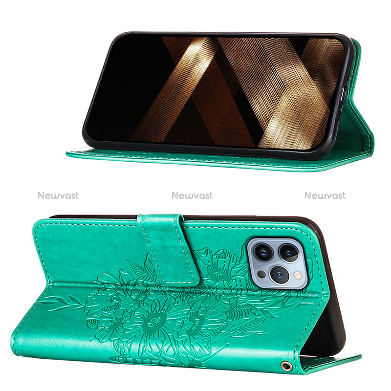 Leather Case Stands Butterfly Flip Cover L10 Holder for Apple iPhone 15 Pro Green