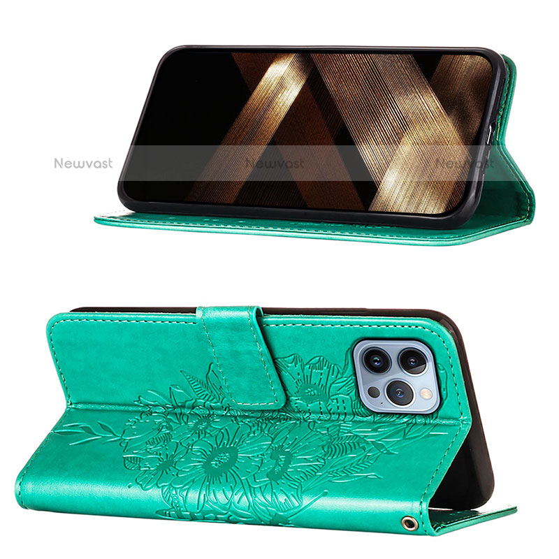 Leather Case Stands Butterfly Flip Cover L10 Holder for Apple iPhone 15 Pro Max Green