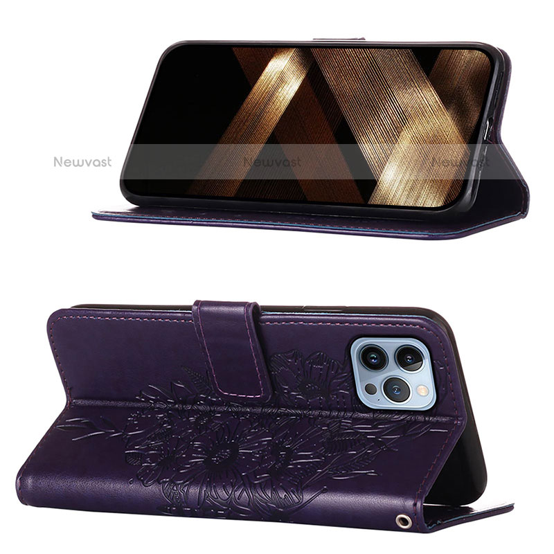 Leather Case Stands Butterfly Flip Cover L10 Holder for Apple iPhone 15 Pro Max Purple