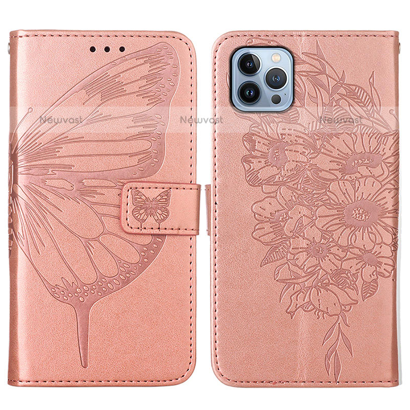 Leather Case Stands Butterfly Flip Cover L10 Holder for Apple iPhone 15 Pro Max Rose Gold