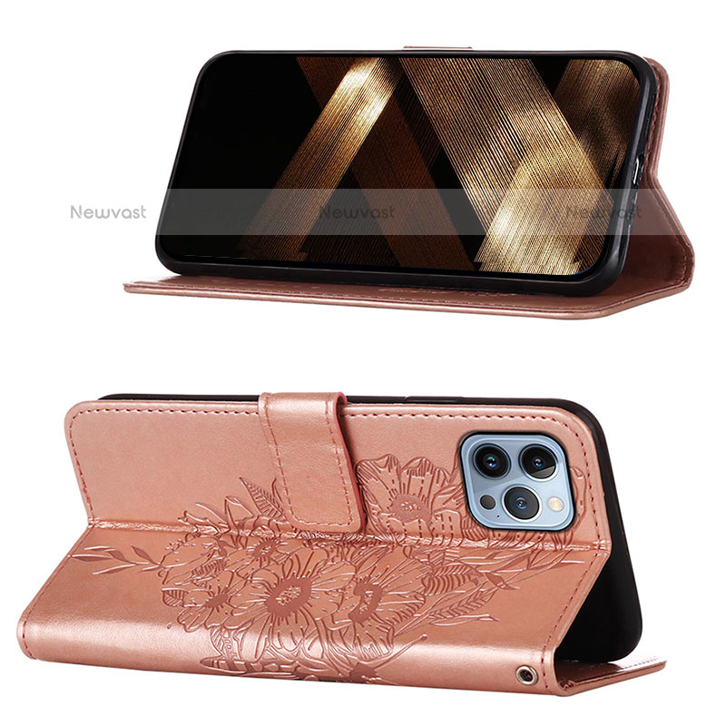 Leather Case Stands Butterfly Flip Cover L10 Holder for Apple iPhone 15 Pro Max Rose Gold