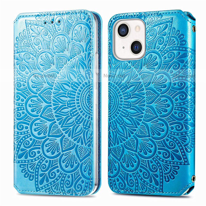 Leather Case Stands Fashionable Pattern Flip Cover H01 Holder for Apple iPhone 13 Blue