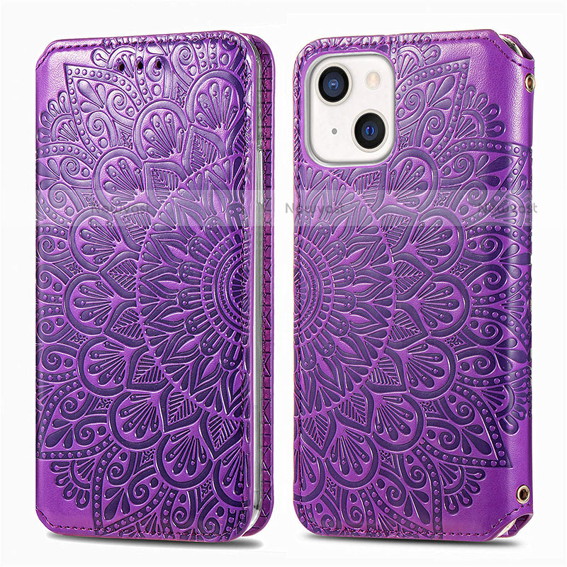 Leather Case Stands Fashionable Pattern Flip Cover H01 Holder for Apple iPhone 13 Mini Purple