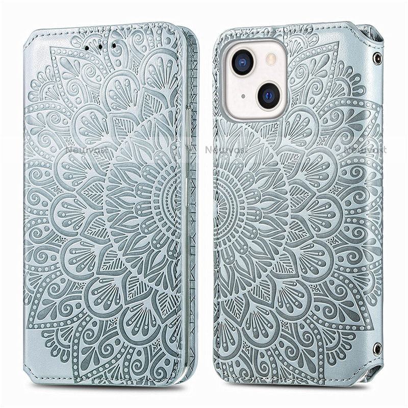 Leather Case Stands Fashionable Pattern Flip Cover H01 Holder for Apple iPhone 13 Silver