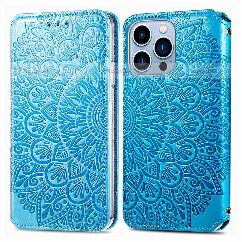 Leather Case Stands Fashionable Pattern Flip Cover H01 Holder for Apple iPhone 14 Pro Blue