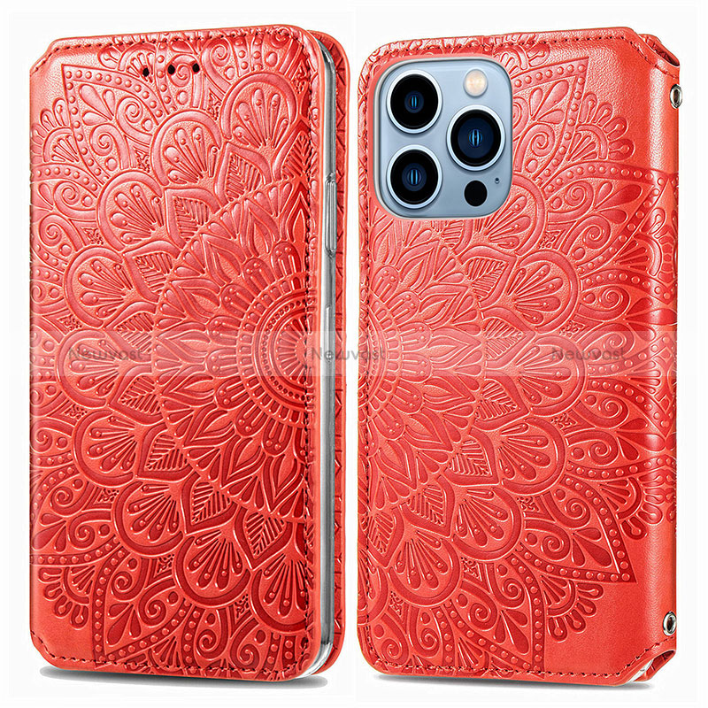 Leather Case Stands Fashionable Pattern Flip Cover H01 Holder for Apple iPhone 14 Pro Max Red