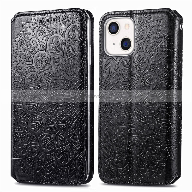 Leather Case Stands Fashionable Pattern Flip Cover H01 Holder for Apple iPhone 15 Black