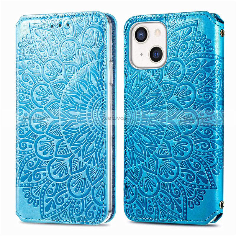 Leather Case Stands Fashionable Pattern Flip Cover H01 Holder for Apple iPhone 15 Blue