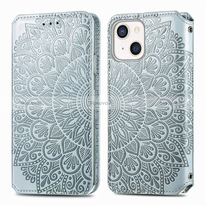 Leather Case Stands Fashionable Pattern Flip Cover H01 Holder for Apple iPhone 15 Silver