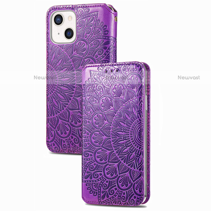 Leather Case Stands Fashionable Pattern Flip Cover H02 Holder for Apple iPhone 13 Mini Purple