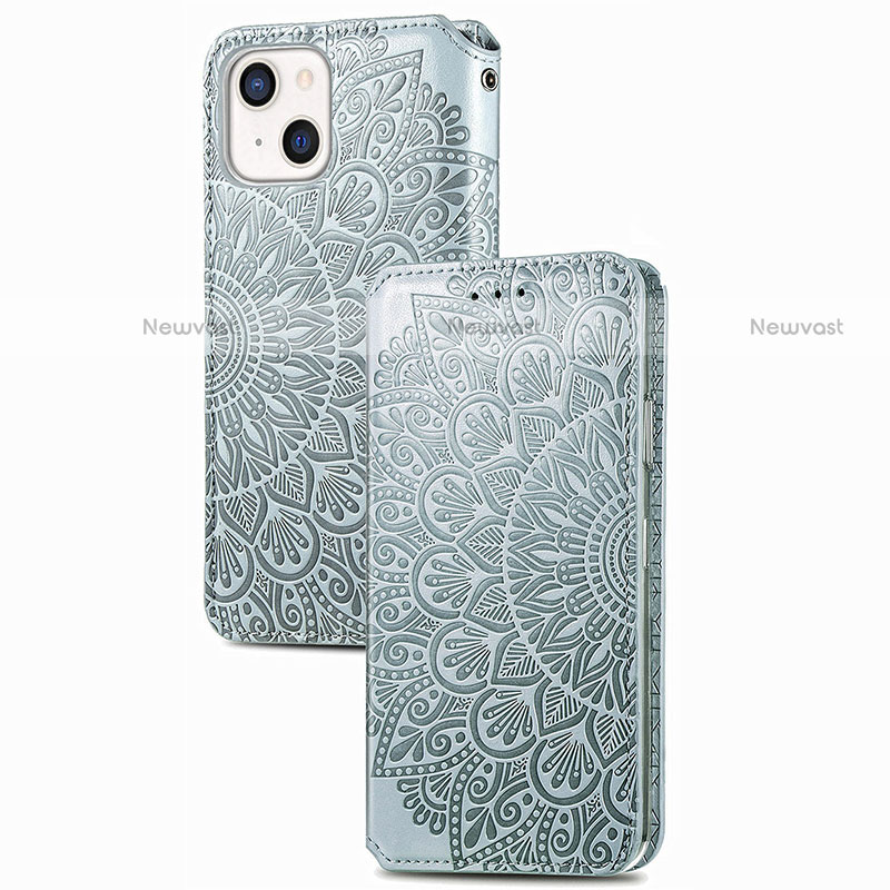 Leather Case Stands Fashionable Pattern Flip Cover H02 Holder for Apple iPhone 13 Silver