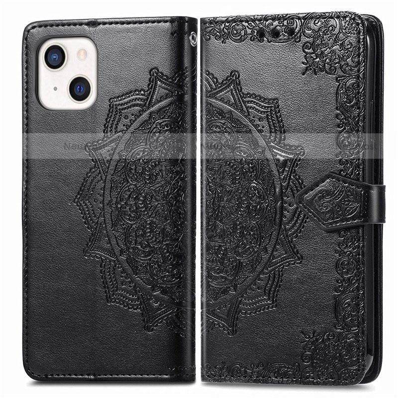 Leather Case Stands Fashionable Pattern Flip Cover H05 Holder for Apple iPhone 13 Mini Black