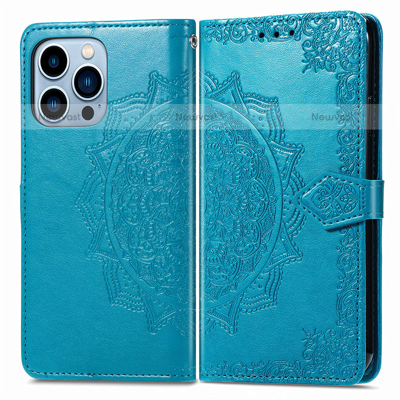 Leather Case Stands Fashionable Pattern Flip Cover H06 Holder for Apple iPhone 14 Pro Blue