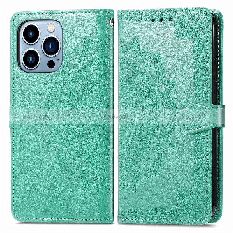 Leather Case Stands Fashionable Pattern Flip Cover H06 Holder for Apple iPhone 14 Pro Max Green