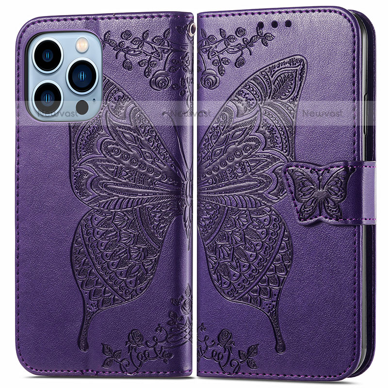 Leather Case Stands Fashionable Pattern Flip Cover H07 Holder for Apple iPhone 14 Pro Purple