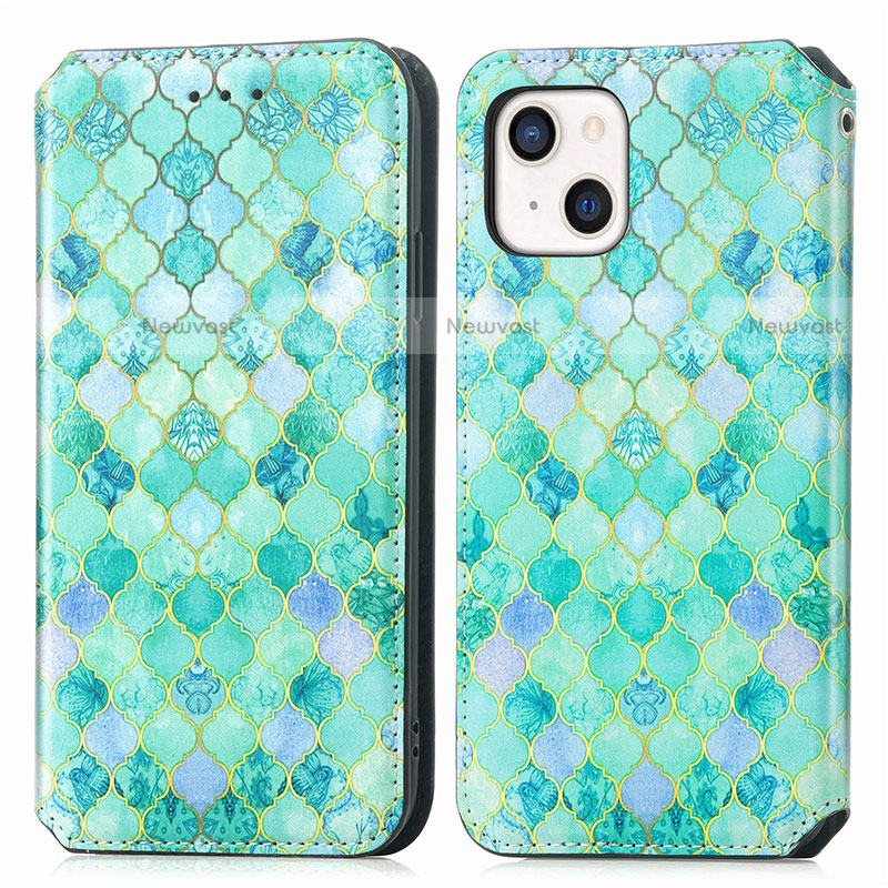 Leather Case Stands Fashionable Pattern Flip Cover H09 Holder for Apple iPhone 13 Mini Green