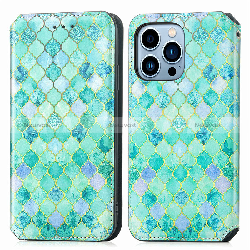 Leather Case Stands Fashionable Pattern Flip Cover H10 Holder for Apple iPhone 14 Pro Max Green