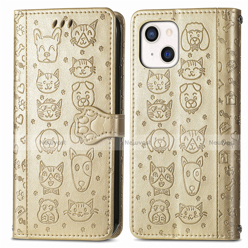 Leather Case Stands Fashionable Pattern Flip Cover H11 Holder for Apple iPhone 13 Gold