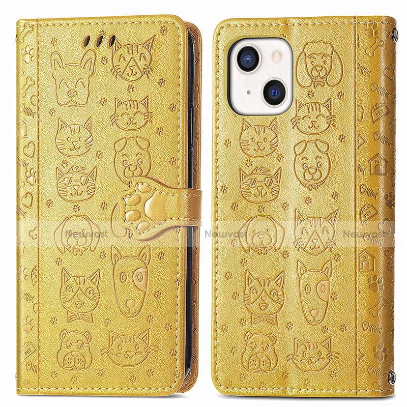 Leather Case Stands Fashionable Pattern Flip Cover H11 Holder for Apple iPhone 14 Plus Yellow