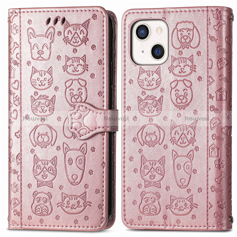 Leather Case Stands Fashionable Pattern Flip Cover H11 Holder for Apple iPhone 15 Plus Rose Gold