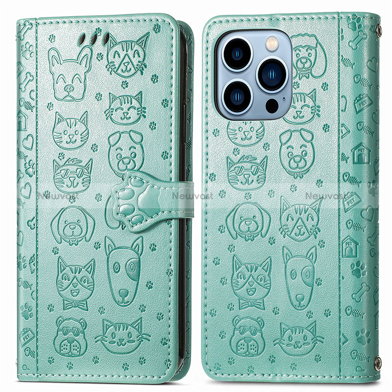 Leather Case Stands Fashionable Pattern Flip Cover H12 Holder for Apple iPhone 14 Pro Max Green