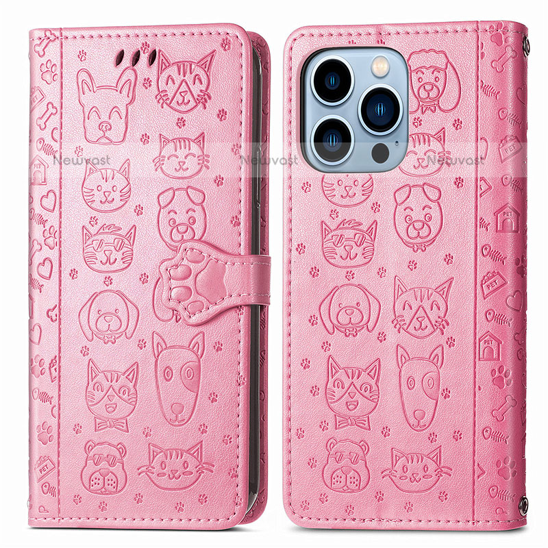 Leather Case Stands Fashionable Pattern Flip Cover H12 Holder for Apple iPhone 14 Pro Pink