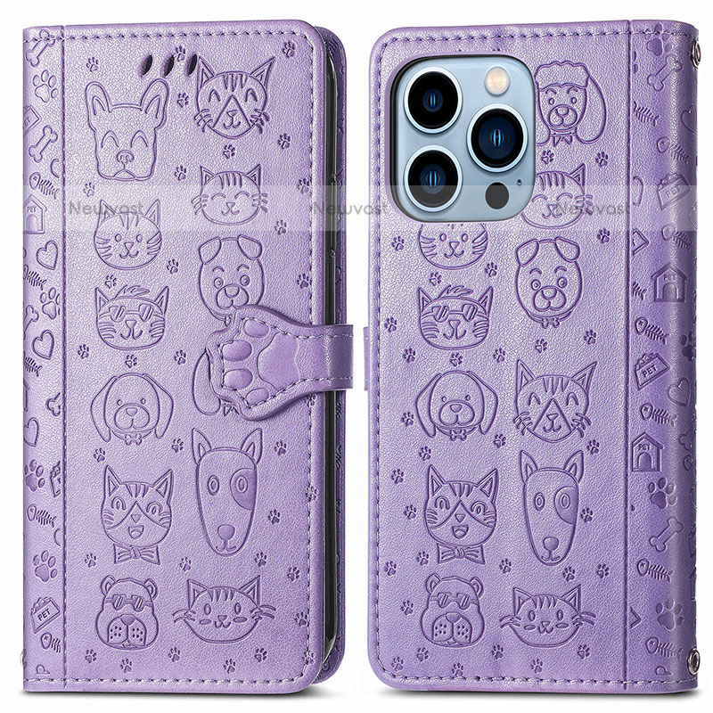 Leather Case Stands Fashionable Pattern Flip Cover H12 Holder for Apple iPhone 14 Pro Purple