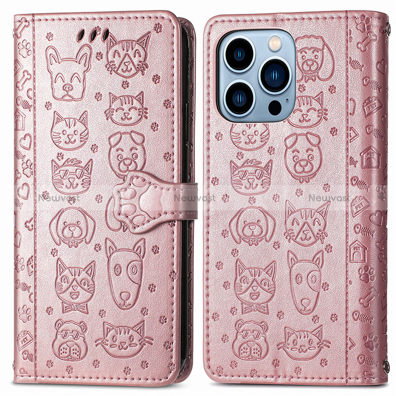 Leather Case Stands Fashionable Pattern Flip Cover H12 Holder for Apple iPhone 15 Pro Rose Gold