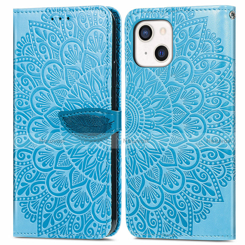 Leather Case Stands Fashionable Pattern Flip Cover H13 Holder for Apple iPhone 13 Mini Blue