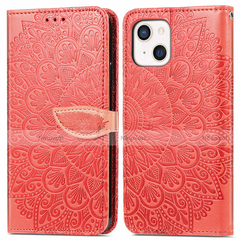 Leather Case Stands Fashionable Pattern Flip Cover H13 Holder for Apple iPhone 13 Mini Red