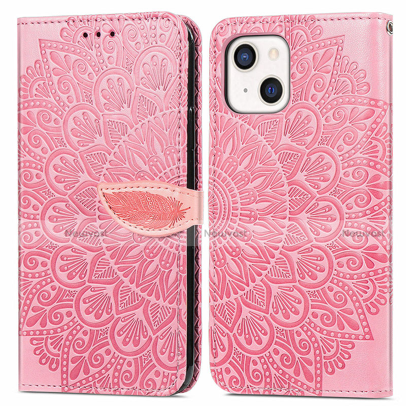 Leather Case Stands Fashionable Pattern Flip Cover H13 Holder for Apple iPhone 14 Plus Rose Gold