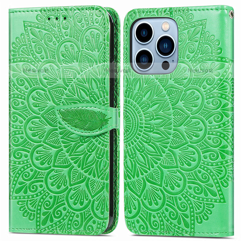 Leather Case Stands Fashionable Pattern Flip Cover H13 Holder for Apple iPhone 14 Pro Green