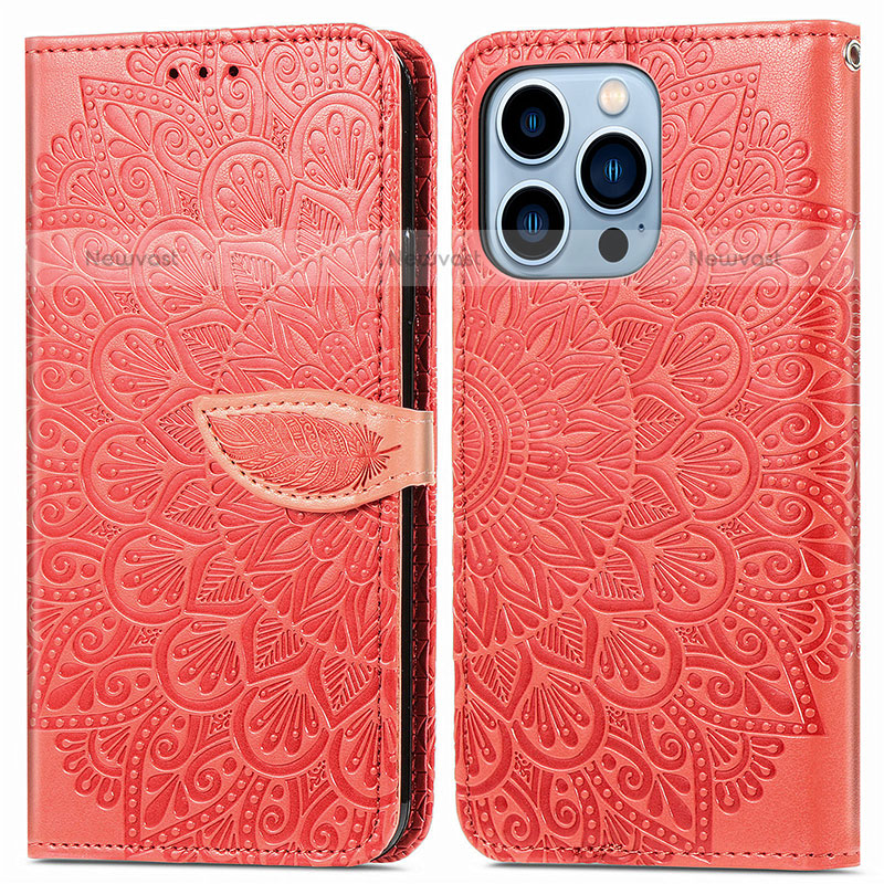 Leather Case Stands Fashionable Pattern Flip Cover H13 Holder for Apple iPhone 14 Pro Red