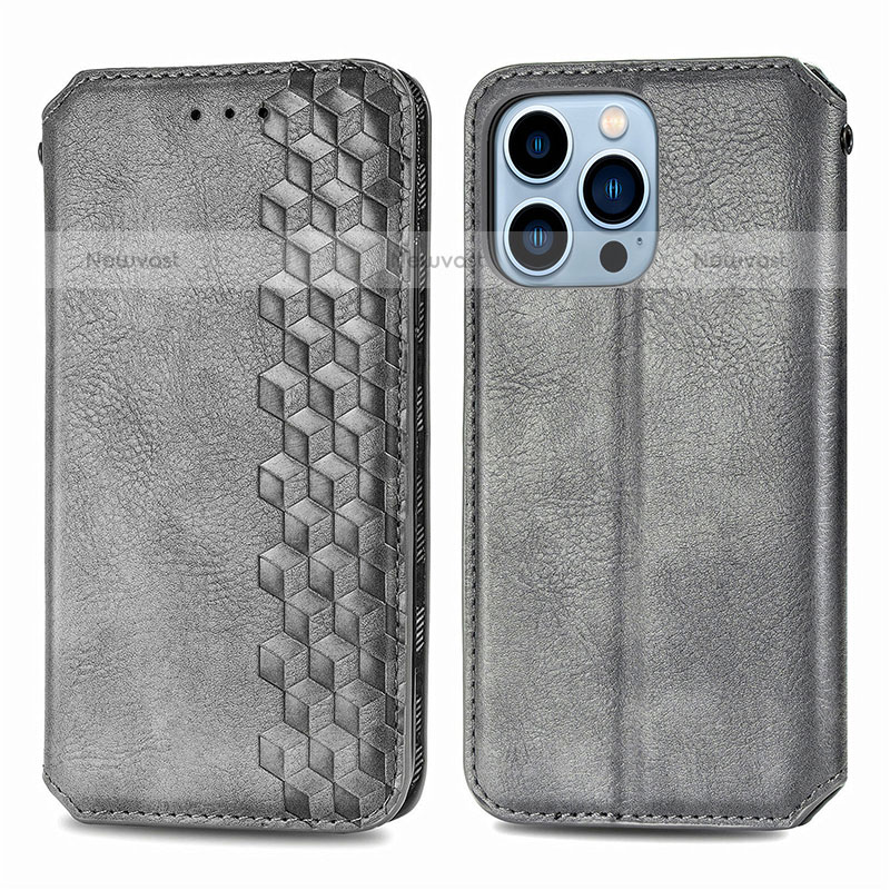 Leather Case Stands Fashionable Pattern Flip Cover H15 Holder for Apple iPhone 14 Pro Gray