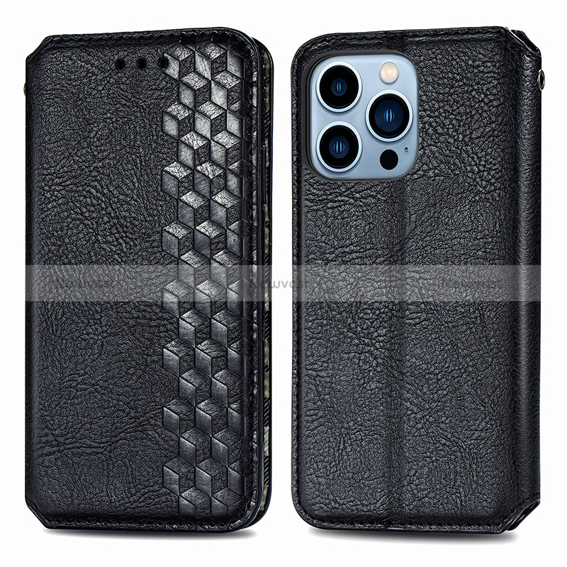 Leather Case Stands Fashionable Pattern Flip Cover H15 Holder for Apple iPhone 14 Pro Max Black