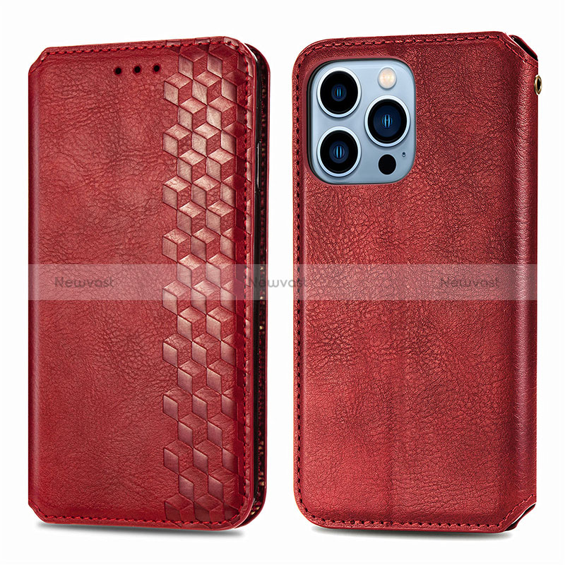 Leather Case Stands Fashionable Pattern Flip Cover H15 Holder for Apple iPhone 14 Pro Max Red