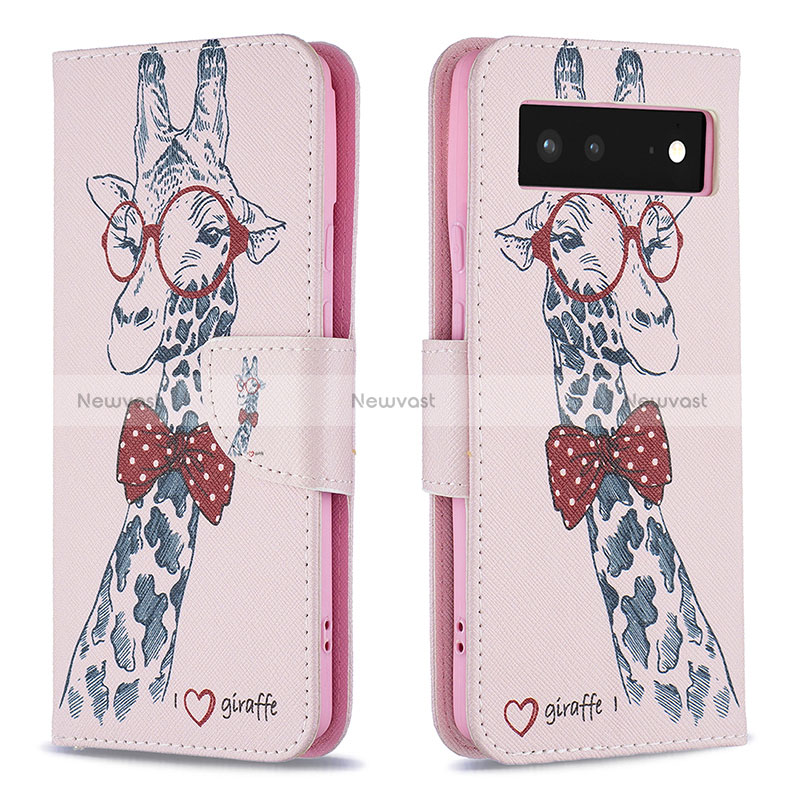 Leather Case Stands Fashionable Pattern Flip Cover Holder B01F for Google Pixel 6 5G Pink