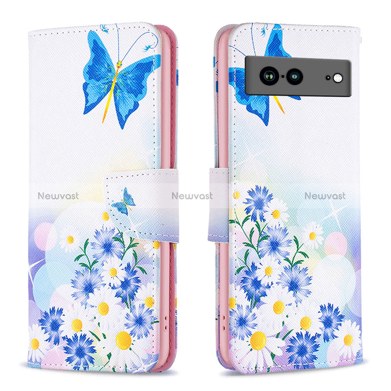 Leather Case Stands Fashionable Pattern Flip Cover Holder B01F for Google Pixel 7a 5G Blue
