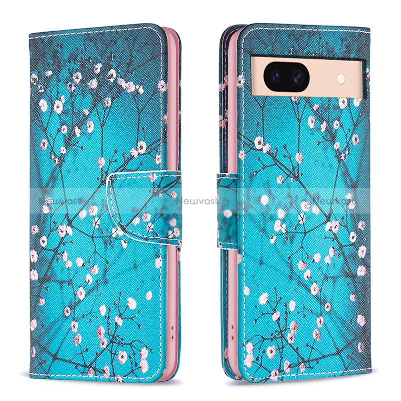 Leather Case Stands Fashionable Pattern Flip Cover Holder B01F for Google Pixel 8a 5G Cyan