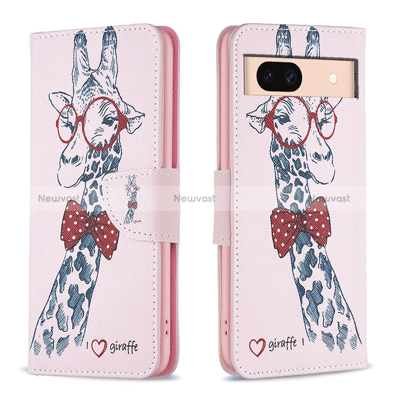 Leather Case Stands Fashionable Pattern Flip Cover Holder B01F for Google Pixel 8a 5G Pink