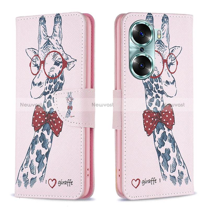 Leather Case Stands Fashionable Pattern Flip Cover Holder B01F for Huawei Honor 60 5G Pink