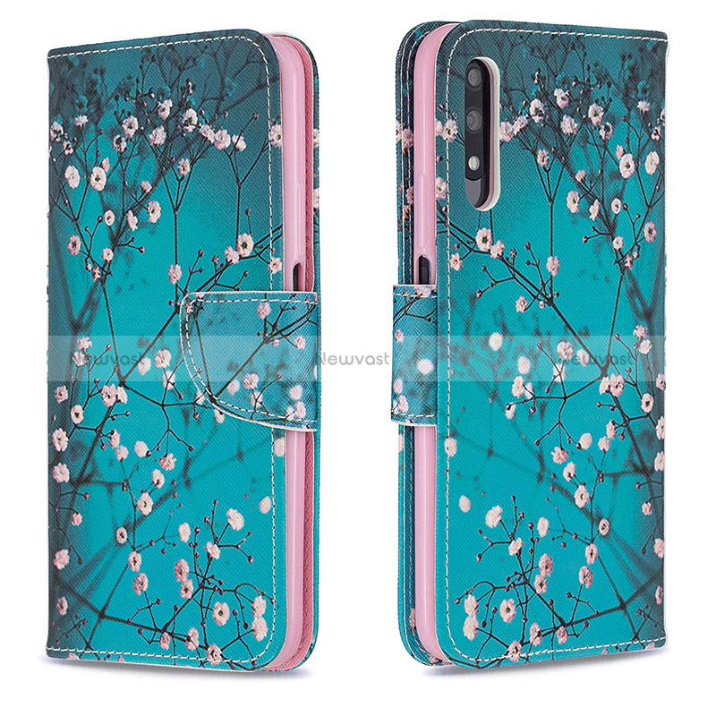 Leather Case Stands Fashionable Pattern Flip Cover Holder B01F for Huawei Y9 Prime (2019) Cyan