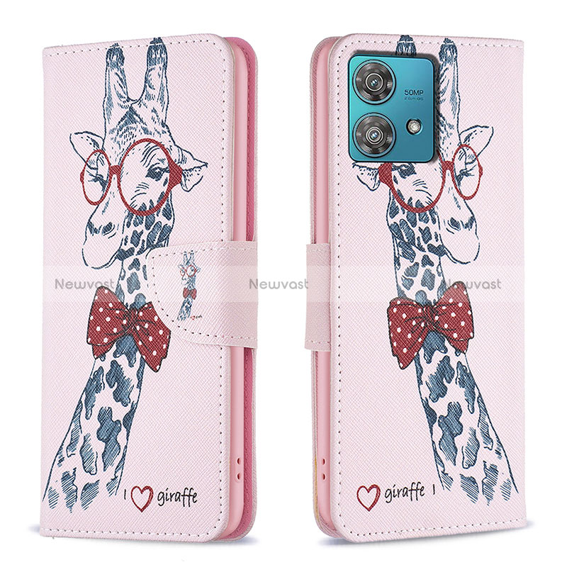 Leather Case Stands Fashionable Pattern Flip Cover Holder B01F for Motorola Moto Edge 40 Neo 5G Pink