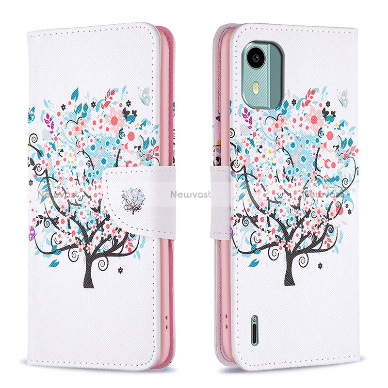 Leather Case Stands Fashionable Pattern Flip Cover Holder B01F for Nokia C12 Pro White