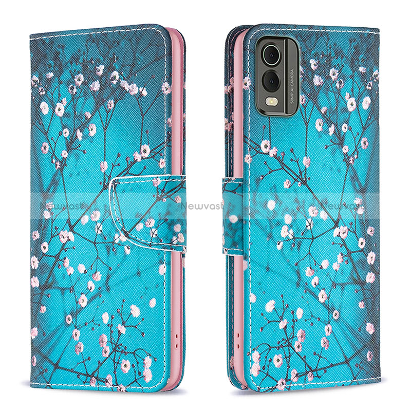 Leather Case Stands Fashionable Pattern Flip Cover Holder B01F for Nokia C210 Cyan