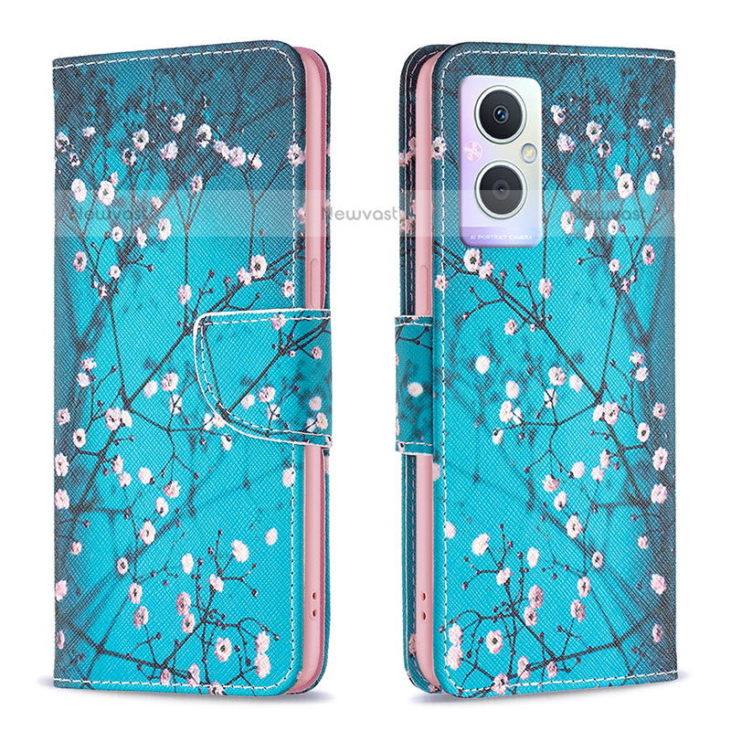 Leather Case Stands Fashionable Pattern Flip Cover Holder B01F for OnePlus Nord N20 5G Cyan